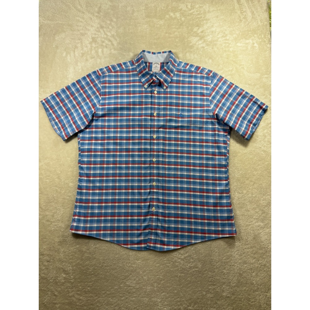 Brooks Brothers Mens Logo Regent Fit Non-Iron Plaid Blue Shirt XL